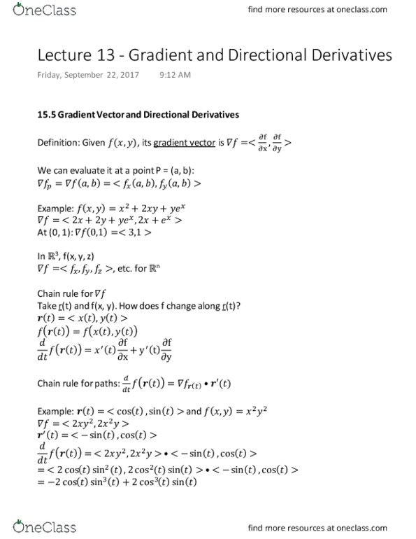 MATH 1920 Lecture Notes - Lecture 13: Directional Derivative, Chain Rule, Xu thumbnail