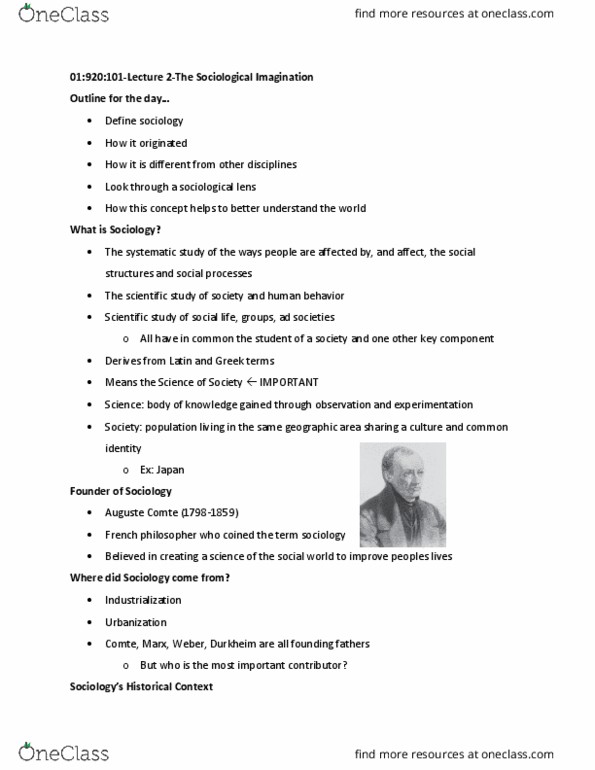 01:920:103 Lecture Notes - Lecture 2: Auguste Comte, Junk Food, Social Change thumbnail