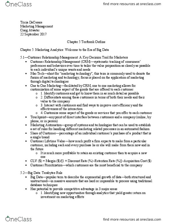 MKTG 2101 Chapter Notes - Chapter 5: Customer Relationship Management, Data Mining, Cash Register thumbnail