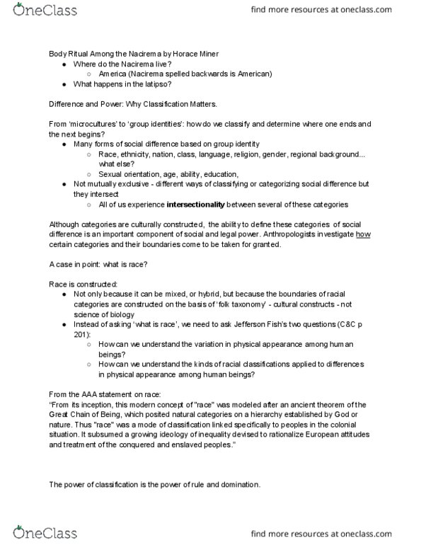 ANTH 100A Lecture Notes - Lecture 4: Nacirema, Sexual Orientation, Intersectionality thumbnail