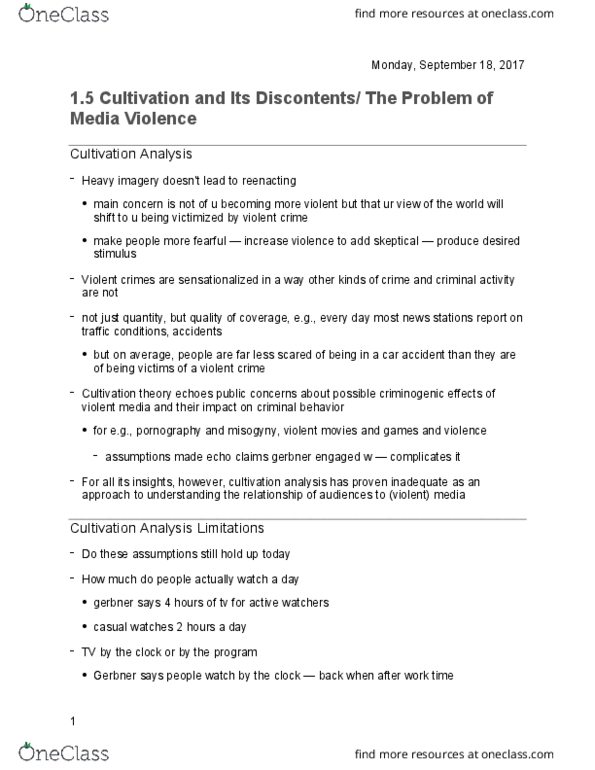 CMST 3K03 Lecture Notes - Lecture 5: Cultivation Theory, Media Consumption, Content Analysis thumbnail