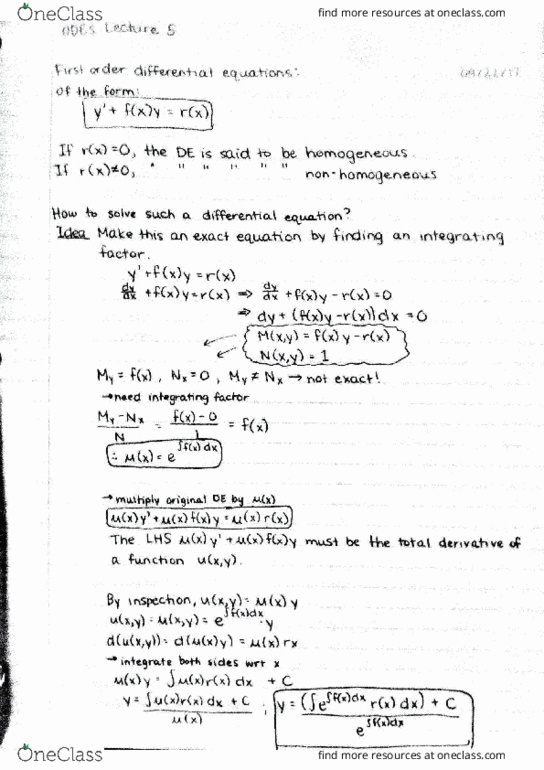 MAT 2384 Lecture Notes - Lecture 5: Integrating Factor, Pus thumbnail