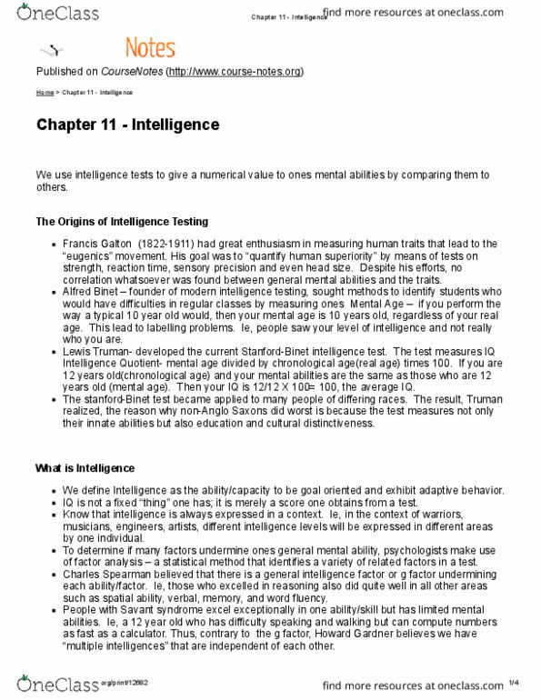 PSCH 100 Chapter Notes - Chapter 11: Wechsler Adult Intelligence Scale, Theory Of Multiple Intelligences, Standardized Test thumbnail