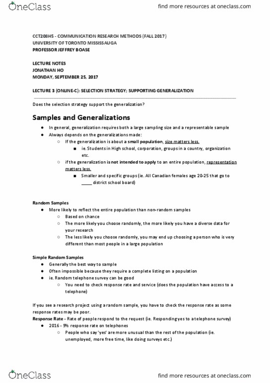 CCT208H5 Lecture Notes - Lecture 3: University Of Toronto Mississauga, Snowball Sampling, Observational Error thumbnail