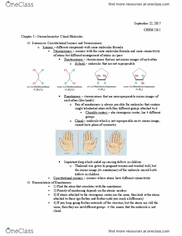 CHEM 2311 Lecture Notes - Lecture 9: Stereocenter, Thalidomide, Stereoisomerism thumbnail