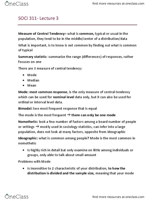 SOCI 311 Lecture Notes - Lecture 3: Nomothetic, Central Tendency, Summary Statistics thumbnail