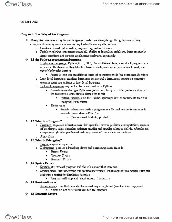CS 1301 Chapter Notes - Chapter 1: High-Level Programming Language, Problem Solving, Parsing thumbnail