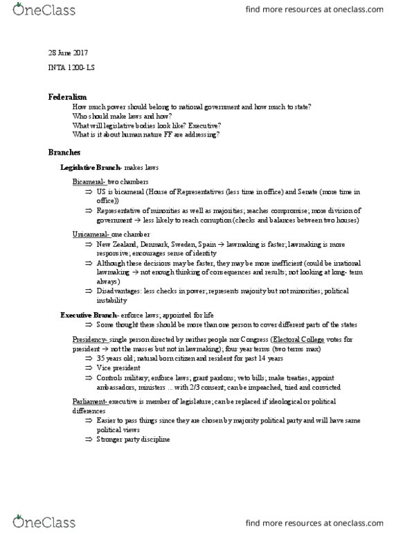 INTA 1200 Lecture Notes - Lecture 3: Natural-Born-Citizen Clause, Bicameralism thumbnail