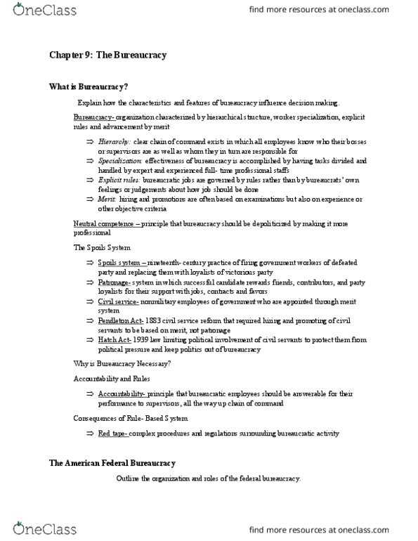 INTA 1200 Chapter Notes - Chapter 9: Pendleton Civil Service Reform Act, Spoils System, Merit System thumbnail