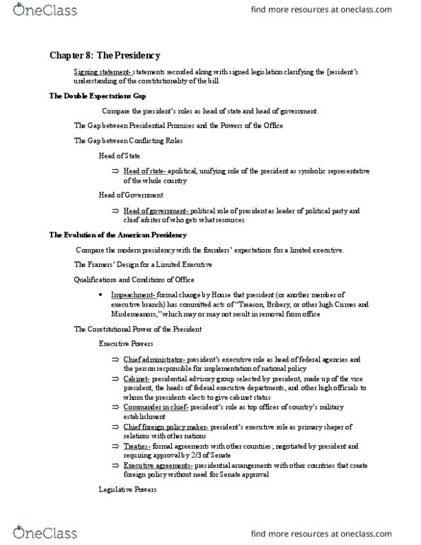 INTA 1200 Chapter Notes - Chapter 8: United States Federal Executive Departments, Signing Statement, The Imperial Presidency thumbnail