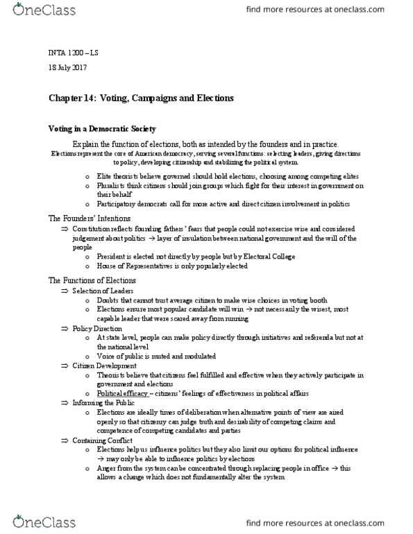 INTA 1200 Chapter Notes - Chapter 14: Voter Registration In The United States, National Voter Registration Act Of 1993, Early Voting thumbnail