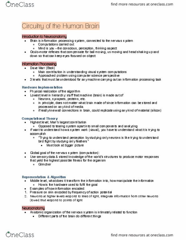 ANAT 321 Lecture Notes - Lecture 1: Dave Marr, Peripheral Nervous System, Bird Flight thumbnail