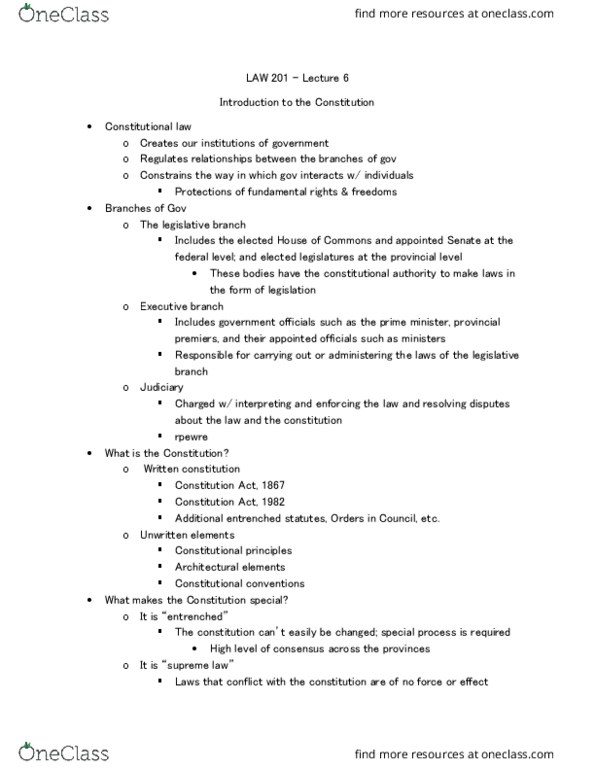 LAW 201 Lecture Notes - Lecture 6: Constitution Act, 1982 thumbnail