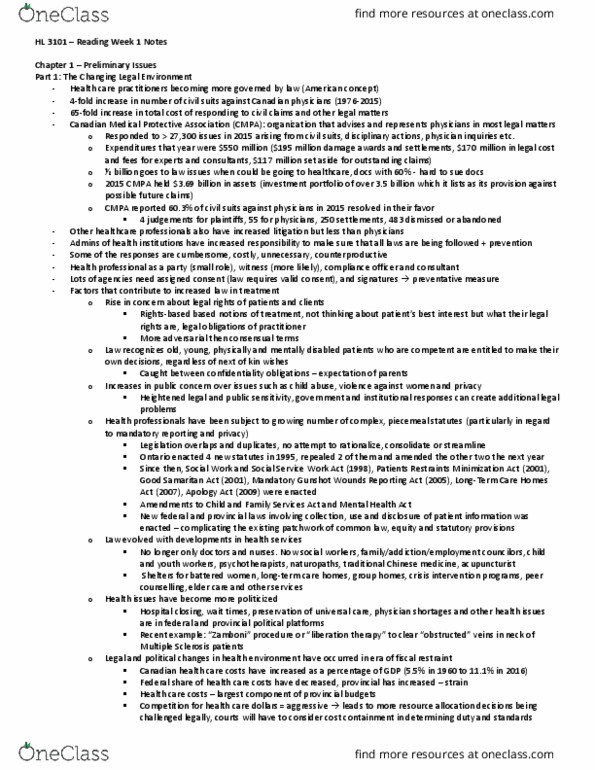 Law 3101A/B Lecture Notes - Lecture 1: Indictable Offence, Sexual Assault, Canada Health Act thumbnail