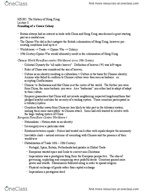 HIS385H1 Lecture Notes - Lecture 3: Pearl River Delta, Sinocentrism, Canton System thumbnail