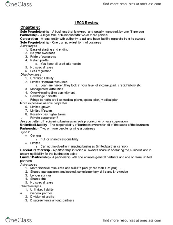 COMMERCE 1E03 Chapter Notes - Chapter 6: Sole Proprietorship, Privately Held Company, General Partnership thumbnail