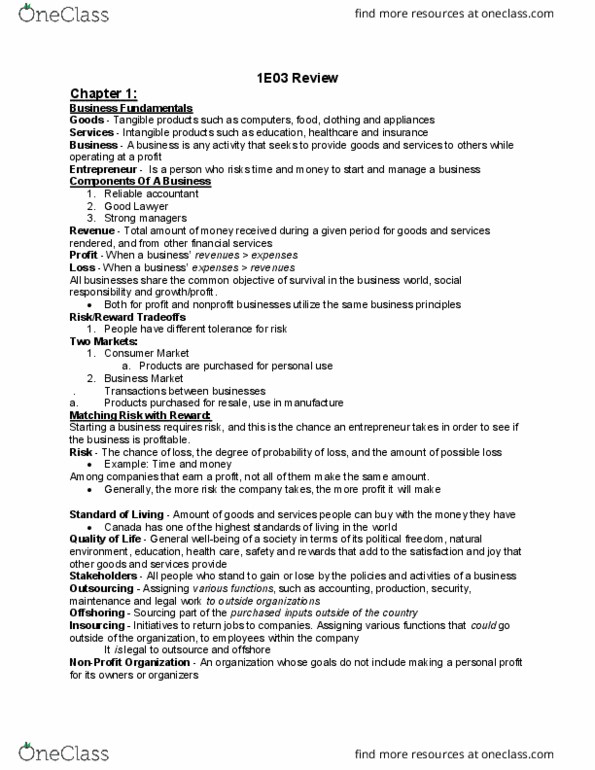 COMMERCE 1E03 Chapter Notes - Chapter 1: Offshoring, Canadian Business, Insourcing thumbnail