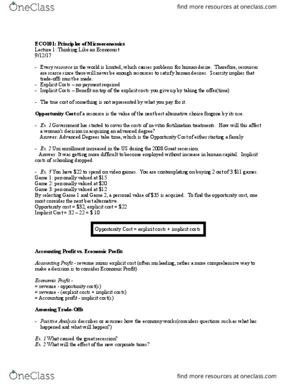 ECO101H1 Lecture Notes - Lecture 1: In Vitro Fertilisation, Opportunity Cost, Human Capital thumbnail