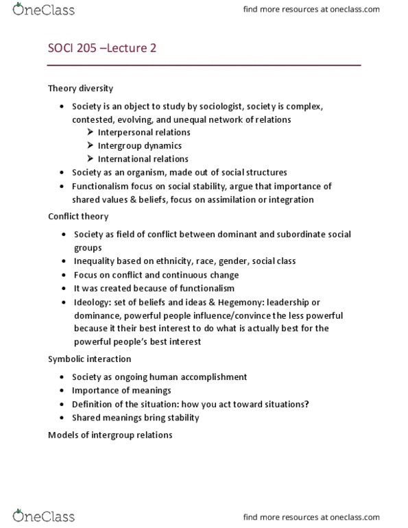 SOCI 205 Lecture Notes - Lecture 2: Psychological Abuse, Symbolic Interactionism, Conflict Theories thumbnail