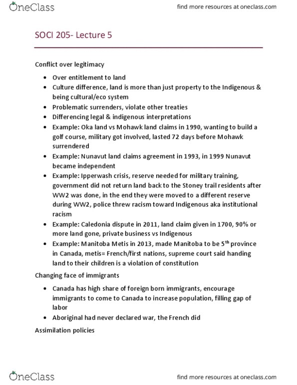 SOCI 205 Lecture Notes - Lecture 5: Nunavut Land Claims Agreement, Stoney Trail, Ipperwash Crisis thumbnail