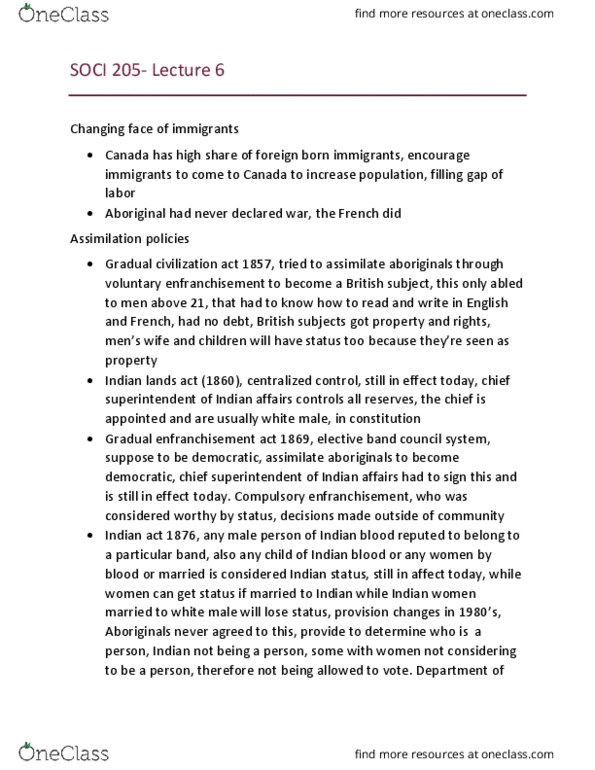 SOCI 205 Lecture Notes - Lecture 6: British Subject, Indian Act thumbnail