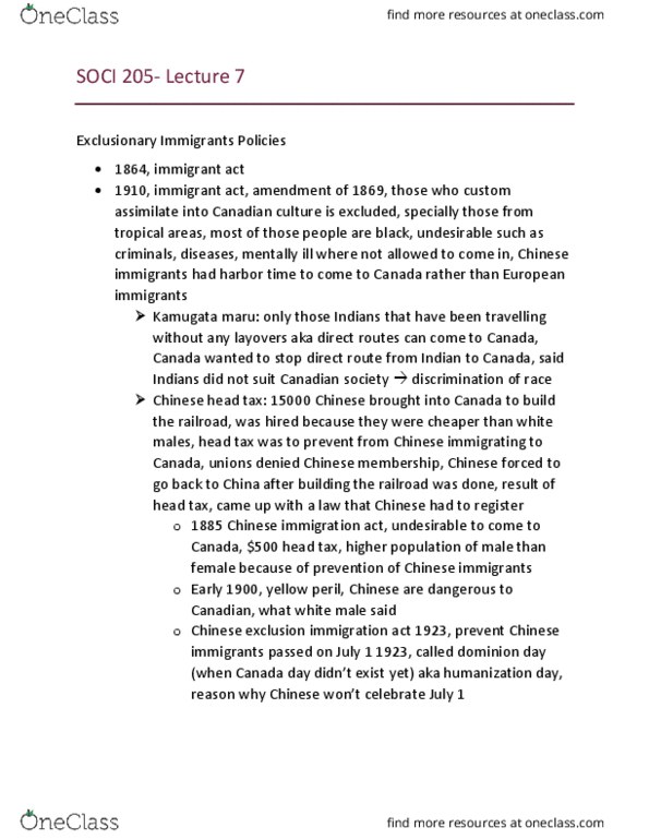 SOCI 205 Lecture Notes - Lecture 7: Chinese Head Tax In Canada, Alyssum, Japanese Canadians thumbnail