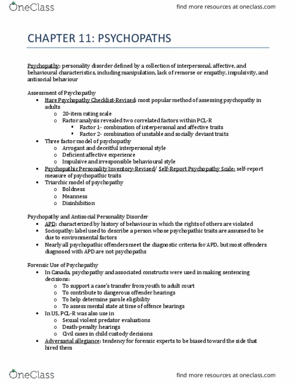 PSY344H5 Chapter Notes - Chapter 11: Psychopathy Checklist, Antisocial Personality Disorder, Dangerous Offender thumbnail