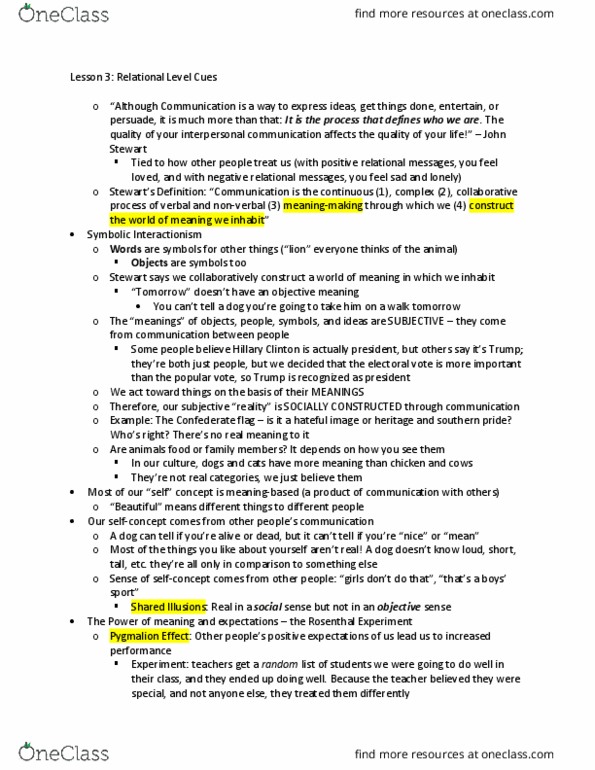 COMM330 Lecture Notes - Lecture 3: Symbolic Interactionism, Interpersonal Communication, A Class Divided thumbnail