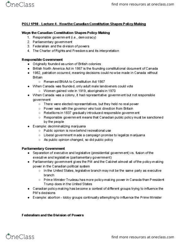 POLI 1P98 Lecture Notes - Lecture 4: Canadian Economics Association, Responsible Government, Parliamentary Sovereignty thumbnail