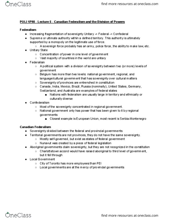 POLI 1P98 Lecture Notes - Lecture 5: Charlottetown Accord, American Civil War thumbnail