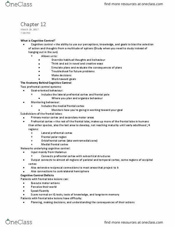 PS267 Chapter Notes - Chapter 12: Prefrontal Cortex, Primary Motor Cortex, Frontal Lobe thumbnail