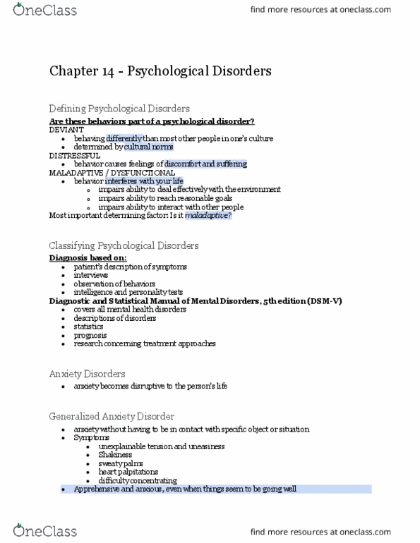 PSYCH 7A Chapter Notes - Chapter 14: Major Depressive Disorder, Social Anxiety Disorder, Generalized Anxiety Disorder thumbnail