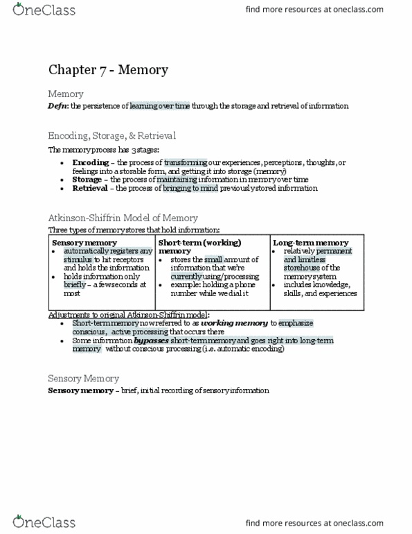 PSYCH 7A Chapter Notes - Chapter 7: Hermann Ebbinghaus, Echoic Memory, Storage (Memory) thumbnail