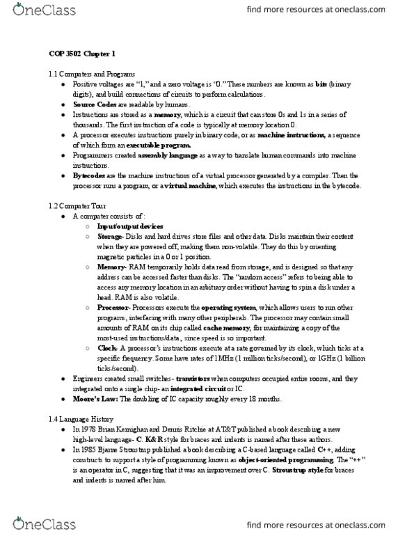 COP 3502 Lecture Notes - Lecture 1: Bjarne Stroustrup, Brian Kernighan, Dennis Ritchie thumbnail
