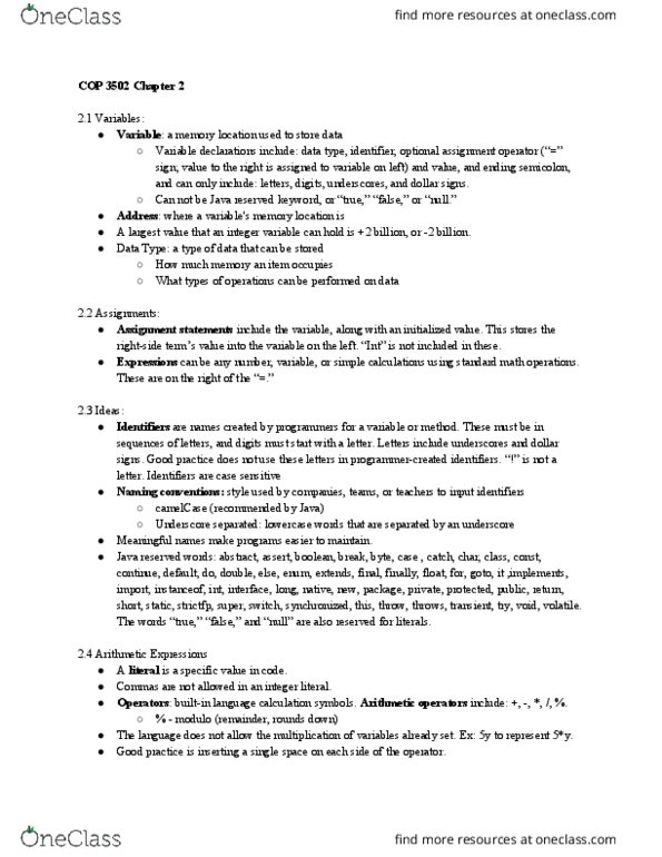 COP 3502 Lecture Notes - Lecture 2: Integer Literal, Camel Case, Semicolon thumbnail