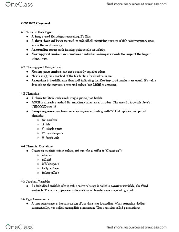 COP 3502 Lecture Notes - Lecture 4: Integer Overflow, Type Conversion, Newline thumbnail