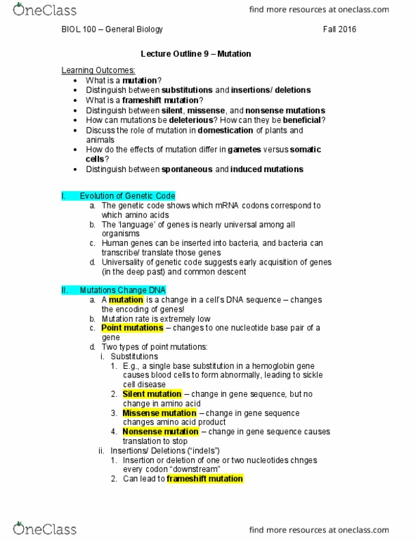 BIOL 100 Lecture Notes - Lecture 9: Frameshift Mutation, Nonsense Mutation, Missense Mutation thumbnail