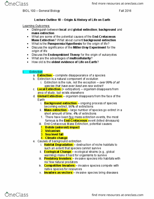 BIOL 100 Lecture Notes - Lecture 18: Background Extinction Rate, Extinction Event, Panspermia thumbnail