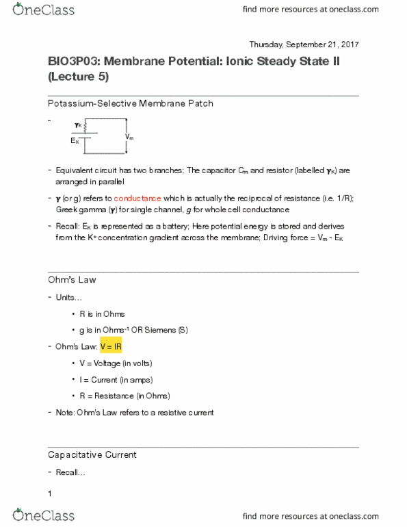 BIOLOGY 3P03 Lecture Notes - Lecture 5: Wcen-Fm, Electrical Network, Lipid Bilayer thumbnail
