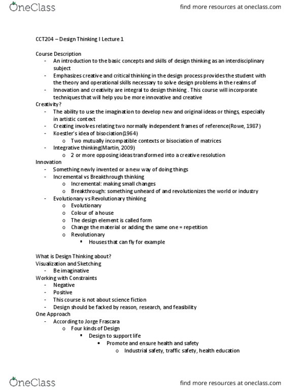 CCT204H5 Lecture Notes - Lecture 1: The Act Of Creation, Design Thinking, Integrative Thinking thumbnail