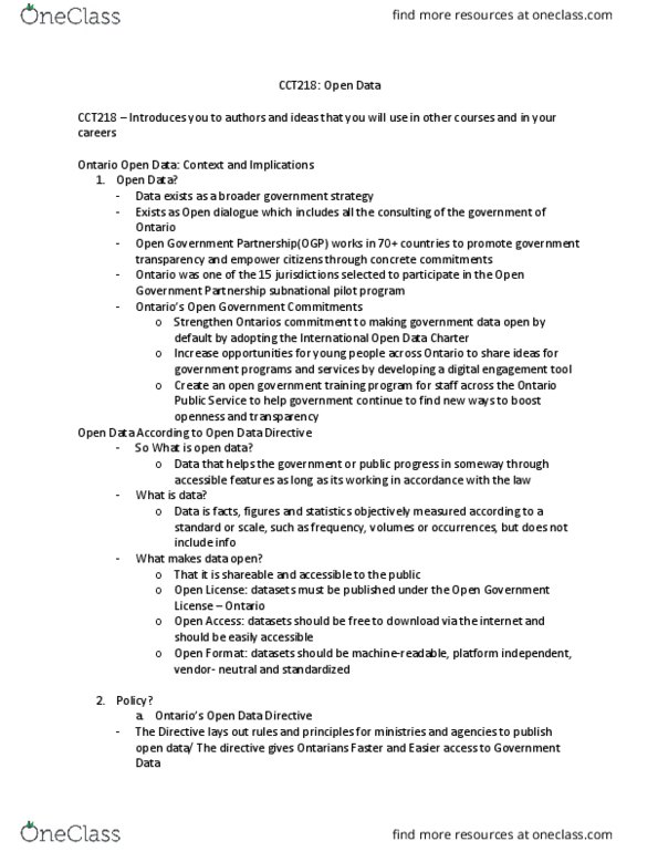 CCT218H5 Lecture Notes - Lecture 2: Open Government Partnership, Open Government Licence, Open Data thumbnail