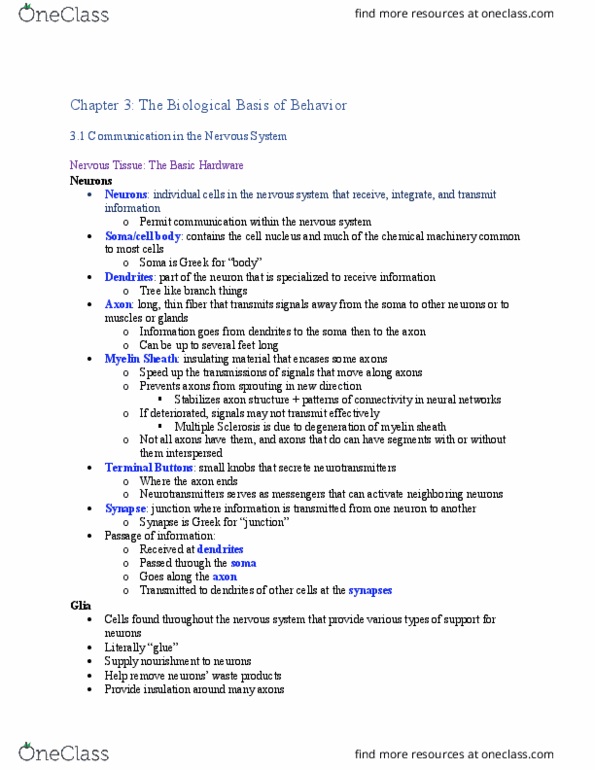 PSY 205 Chapter Notes - Chapter 3: Medial Forebrain Bundle, Axon Terminal, Neuroglia thumbnail