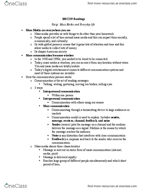 SMC219Y1 Chapter Notes - Chapter 1: Federal Communications Commission, Intrapersonal Communication, Mass Communication thumbnail