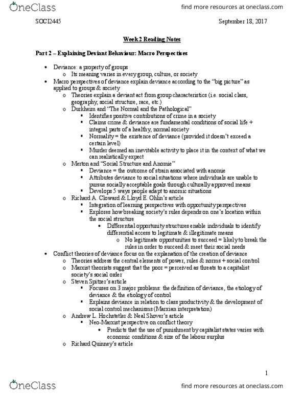 SOCI 2445 Chapter Notes - Chapter 4: Anomie, Conflict Theories, Differential Association thumbnail