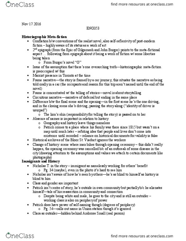 ENG353Y1 Lecture Notes - Lecture 10: Metafiction, Ambrose Small, Deferral thumbnail