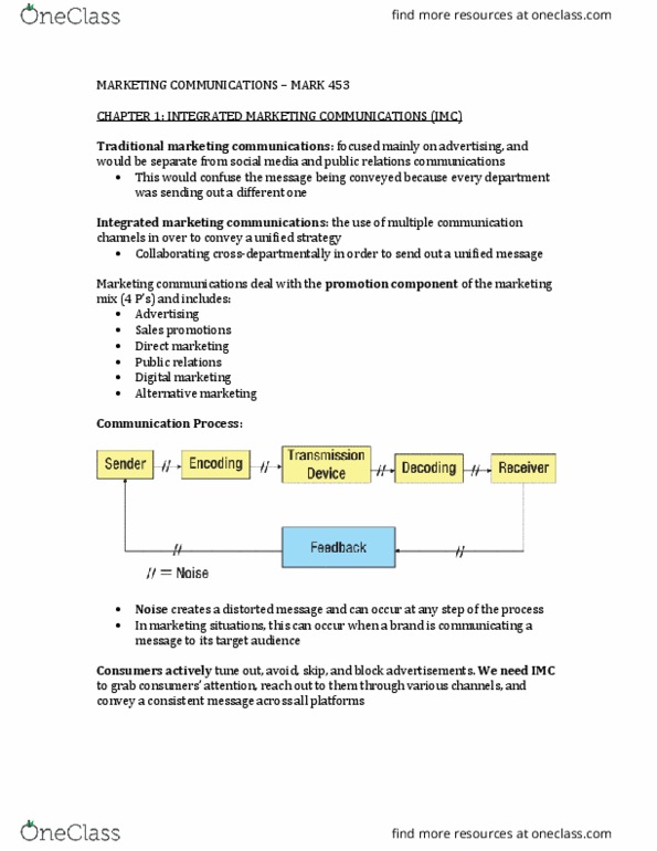 MARK 453 Lecture Notes - Lecture 1: Integrated Marketing Communications, Marketing Communications, Digital Marketing thumbnail