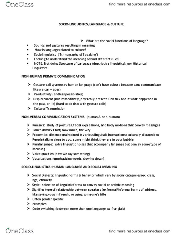 ANT 1101 Lecture Notes - Lecture 4: Sociolinguistics, Kinesics, Proxemics thumbnail