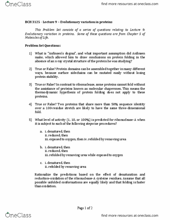 BCH 3125 Lecture Notes - Lecture 9: Protein Folding, Pancreatic Ribonuclease, Ribonuclease thumbnail