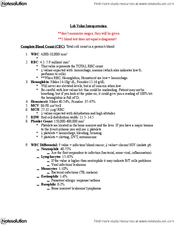 NURS 2090 Lecture Notes - Hematocrit, Clinical Urine Tests, Lipase thumbnail