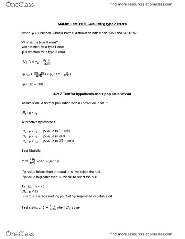 STAT 401 Lecture Notes - Lecture 8: Null Hypothesis, Type I And Type Ii Errors, Statistical Hypothesis Testing thumbnail